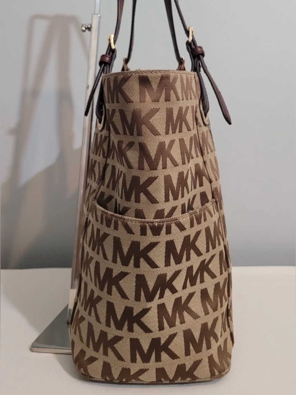 MICHAEL Michael Kors Tan and Brown MK Logo Tote with Leather Straps - Picture 5 of 16